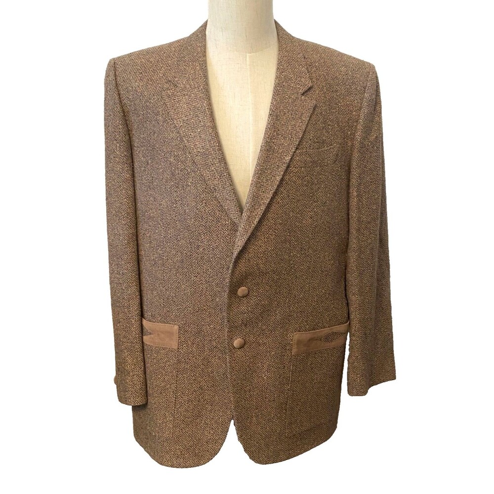 Vtg LE BARON Men's 46L Suit Jacket Blazer Wool Tweed Suede Colorful Flecks Brown